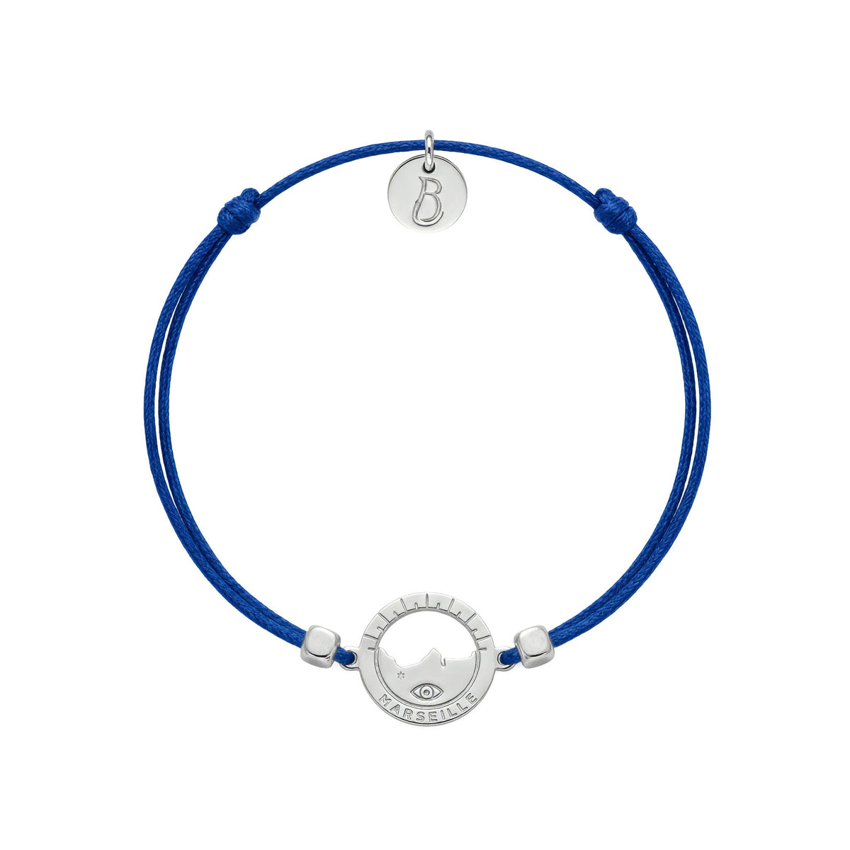 bracelet Les Catalans cordon nylon argenté bleu Klein — médaille Marseille ajourée, bijou plaqué argent Ligne Bleue