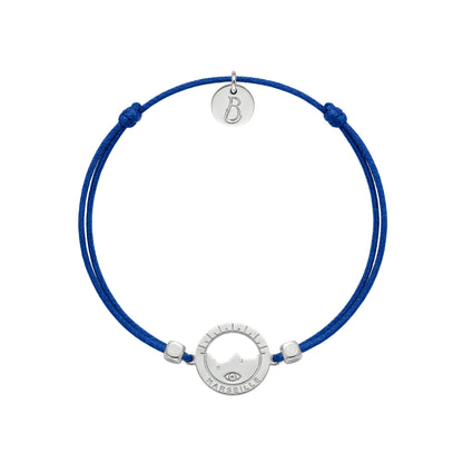 bracelet Les Catalans cordon nylon argenté bleu Klein — médaille Marseille ajourée, bijou plaqué argent Ligne Bleue