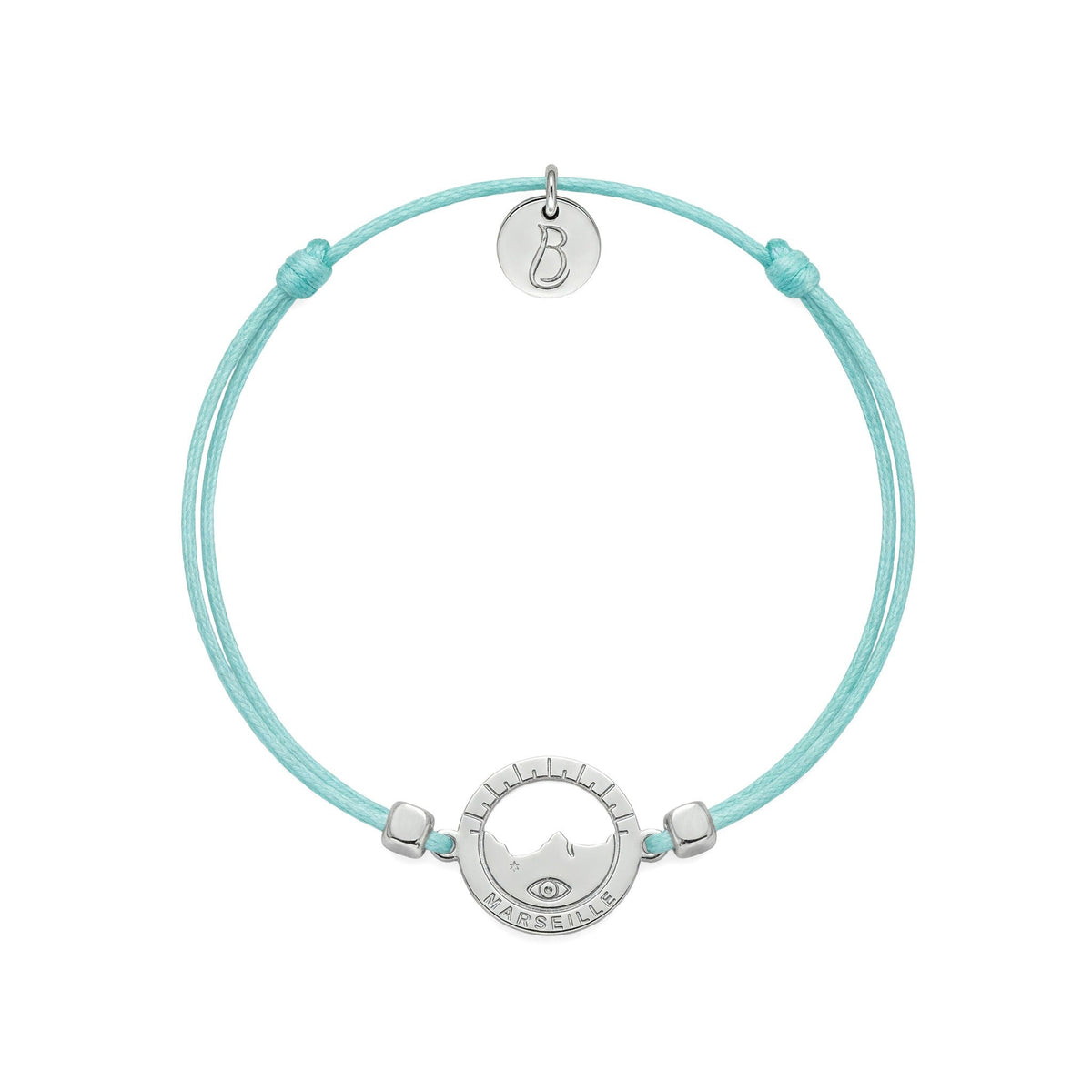 bracelet Les Catalans cordon nylon argenté bleu lagon — médaille Marseille ajourée, bijou plaqué argent Ligne Bleue