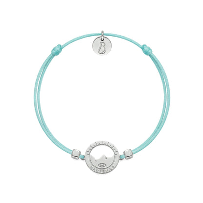 bracelet Les Catalans cordon nylon argenté bleu lagon — médaille Marseille ajourée, bijou plaqué argent Ligne Bleue