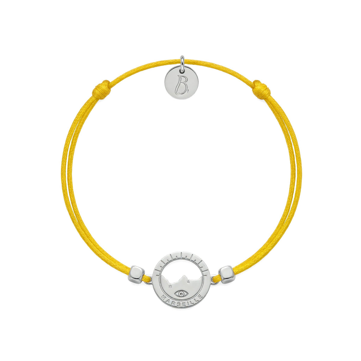 bracelet Les Catalans cordon nylon argenté jaune soleil — médaille Marseille ajourée, bijou plaqué argent Ligne Bleue