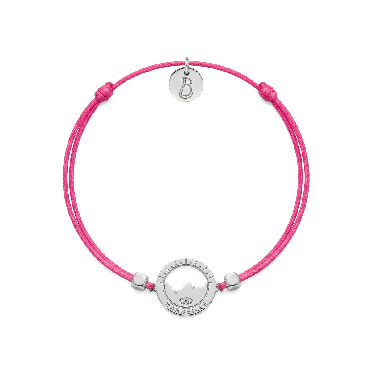 bracelet Les Catalans cordon nylon argenté rose bonbon — médaille Marseille ajourée, bijou plaqué argent Ligne Bleue