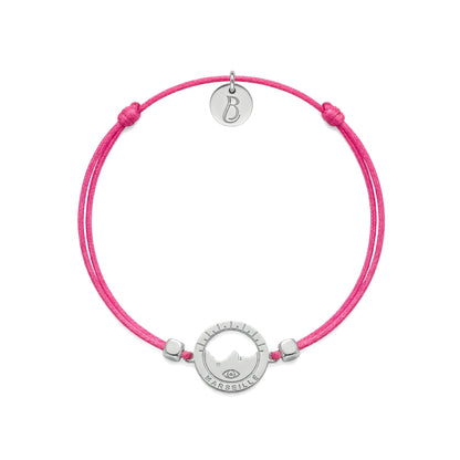 bracelet Les Catalans cordon nylon argenté rose bonbon — médaille Marseille ajourée, bijou plaqué argent Ligne Bleue
