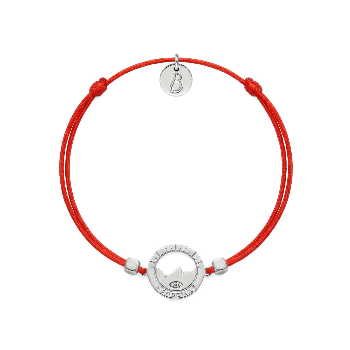 bracelet Les Catalans cordon nylon argenté rouge — médaille Marseille ajourée, bijou plaqué argent Ligne Bleue