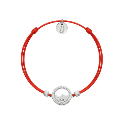 bracelet Les Catalans cordon nylon argenté rouge — médaille Marseille ajourée, bijou plaqué argent Ligne Bleue