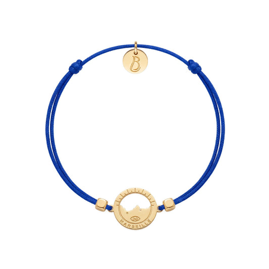 bracelet Les Catalans cordon nylon doré bleu Klein — médaille Marseille ajourée, bijou doré à l'or fin Ligne Bleue