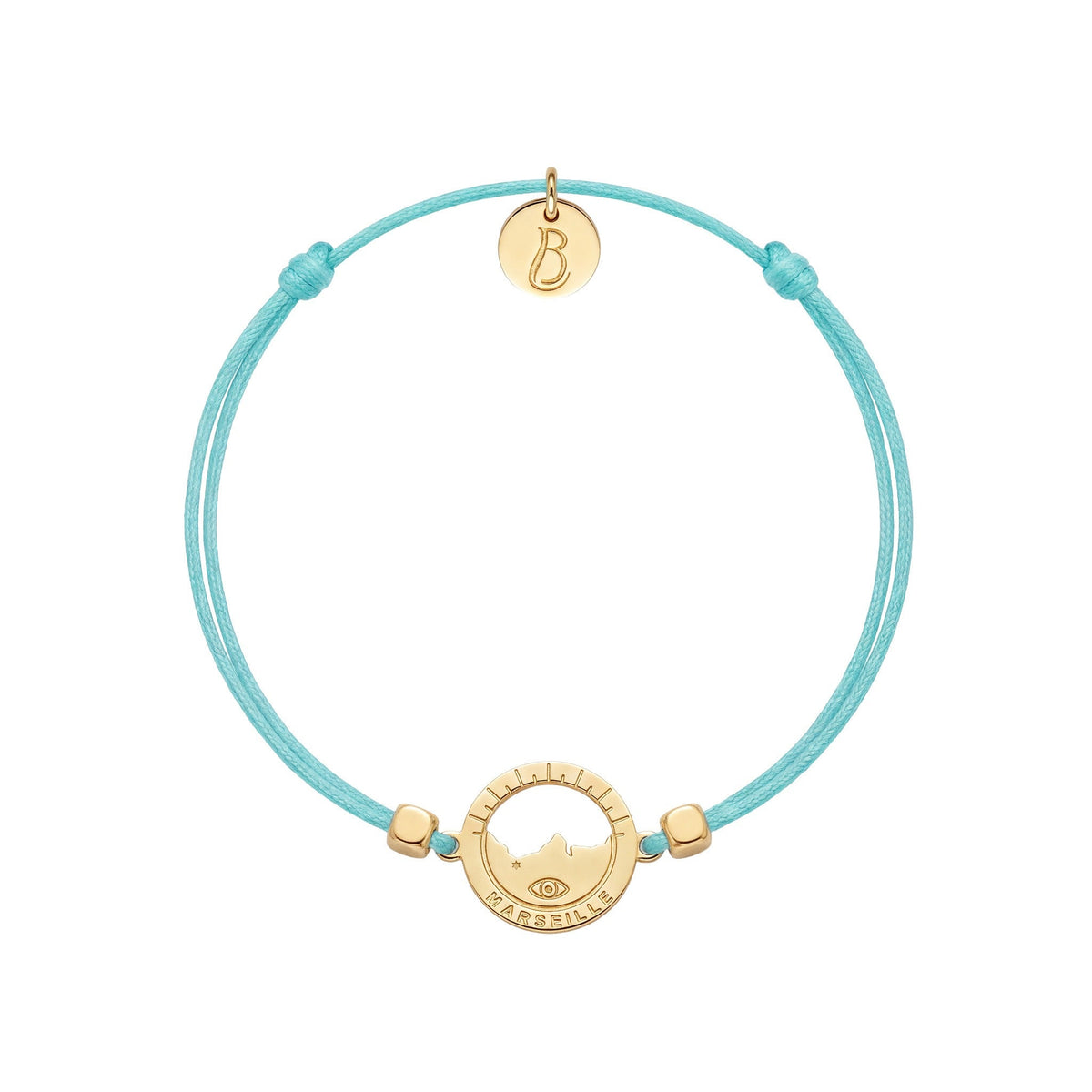 bracelet Les Catalans cordon nylon doré bleu lagon — médaille Marseille ajourée, bijou doré à l'or fin Ligne Bleue