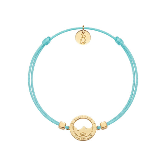 bracelet Les Catalans cordon nylon doré bleu lagon — médaille Marseille ajourée, bijou doré à l'or fin Ligne Bleue