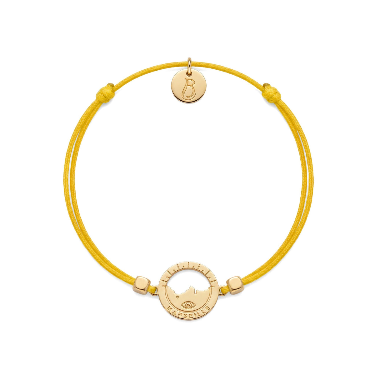 bracelet Les Catalans cordon nylon doré jaune soleil — médaille Marseille ajourée, bijou doré à l'or fin Ligne Bleue