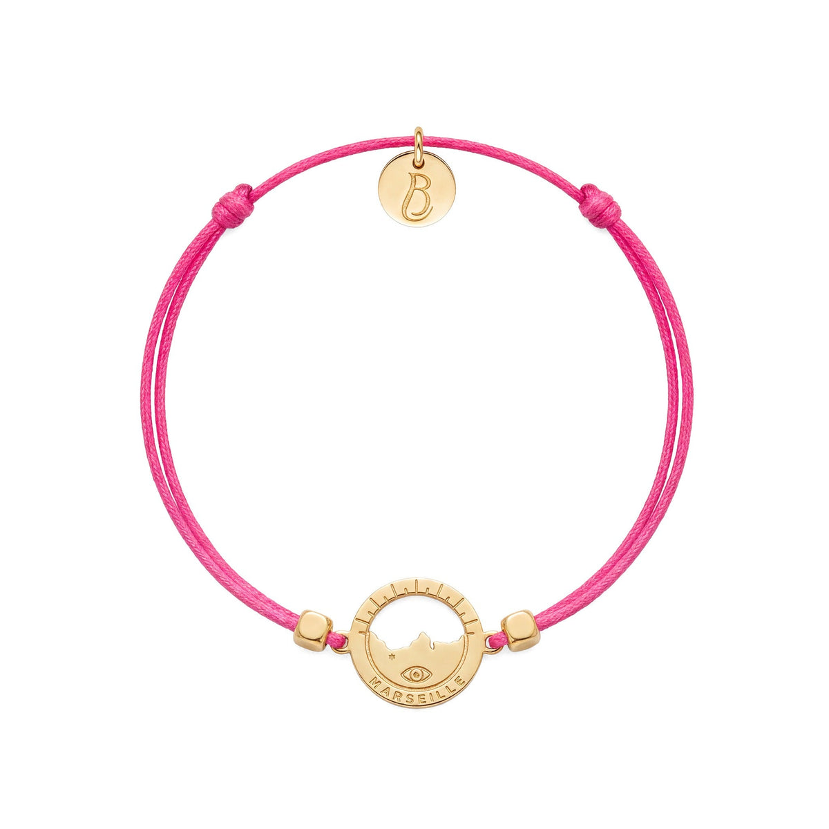 bracelet Les Catalans cordon nylon doré rose bonbon — médaille Marseille ajourée, bijou doré à l'or fin Ligne Bleue