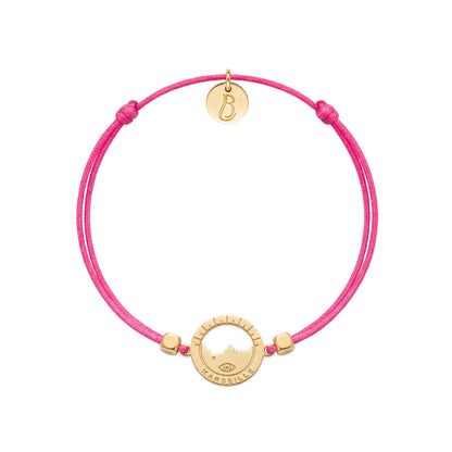bracelet Les Catalans cordon nylon doré rose bonbon — médaille Marseille ajourée, bijou doré à l'or fin Ligne Bleue