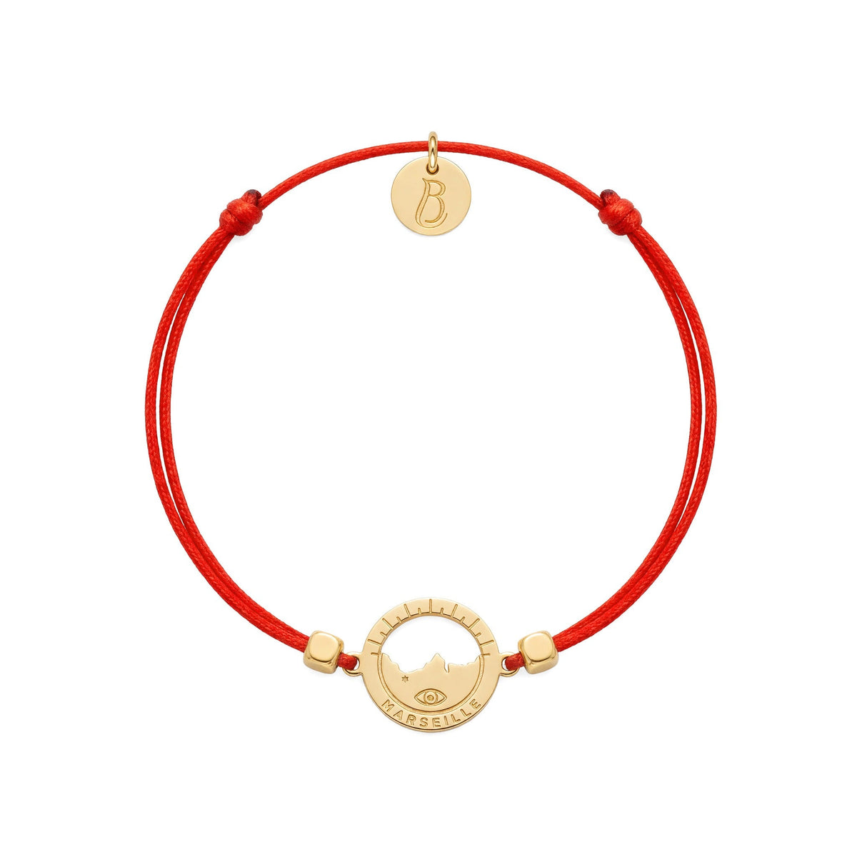 bracelet Les Catalans cordon nylon doré rouge — médaille Marseille ajourée, bijou doré à l'or fin Ligne Bleue