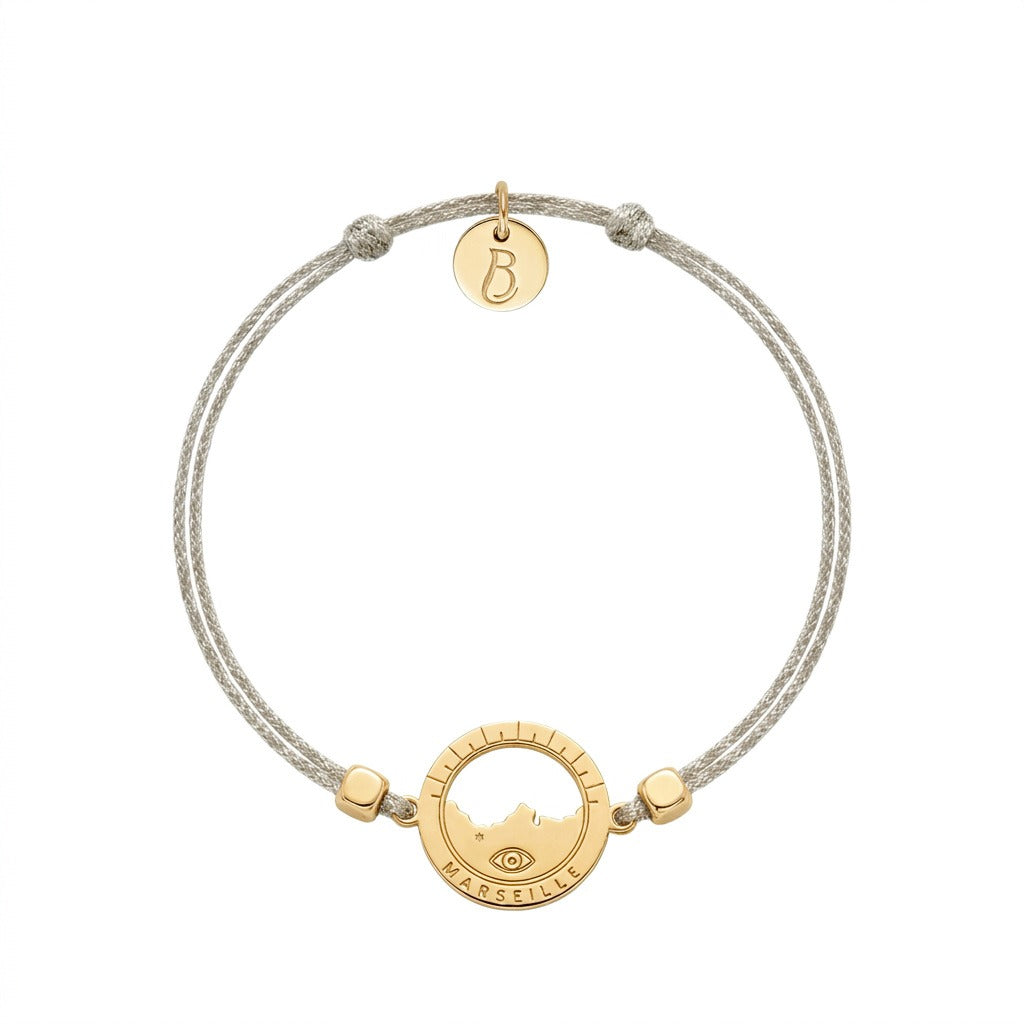 bracelet Les Catalans cordon soie glitter argent — médaille Marseille ajourée dorée à l'or fin, Ligne Bleue