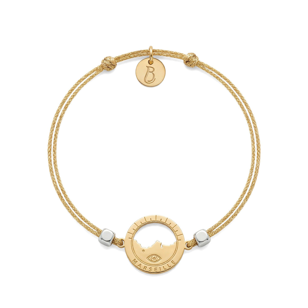 bracelet Les Catalans cordon soie glitter doré — médaille Marseille ajourée, bijou doré à l'or fin Ligne Bleue