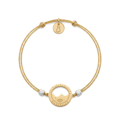 bracelet Les Catalans cordon soie glitter doré — médaille Marseille ajourée, bijou doré à l'or fin Ligne Bleue