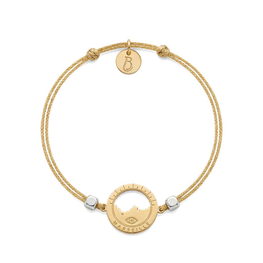 bracelet Les Catalans cordon soie glitter doré — médaille Marseille ajourée, bijou doré à l'or fin Ligne Bleue
