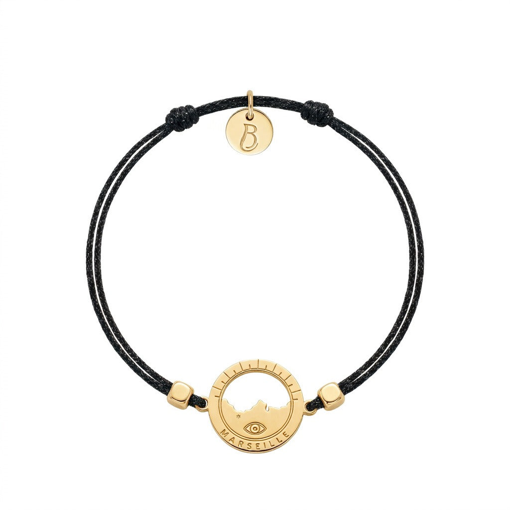 bracelet Les Catalans cordon soie glitter noir — médaille Marseille ajourée, bijou doré à l'or fin Ligne Bleue