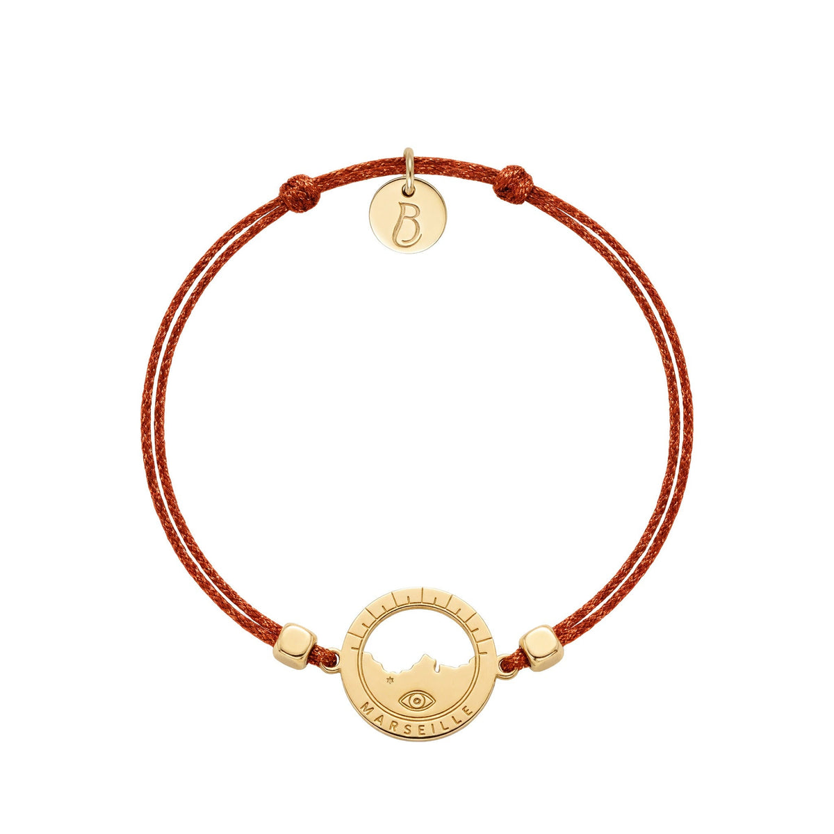 bracelet Les Catalans cordon soie glitter orangé — médaille Marseille ajourée, bijou doré à l'or fin Ligne Bleue