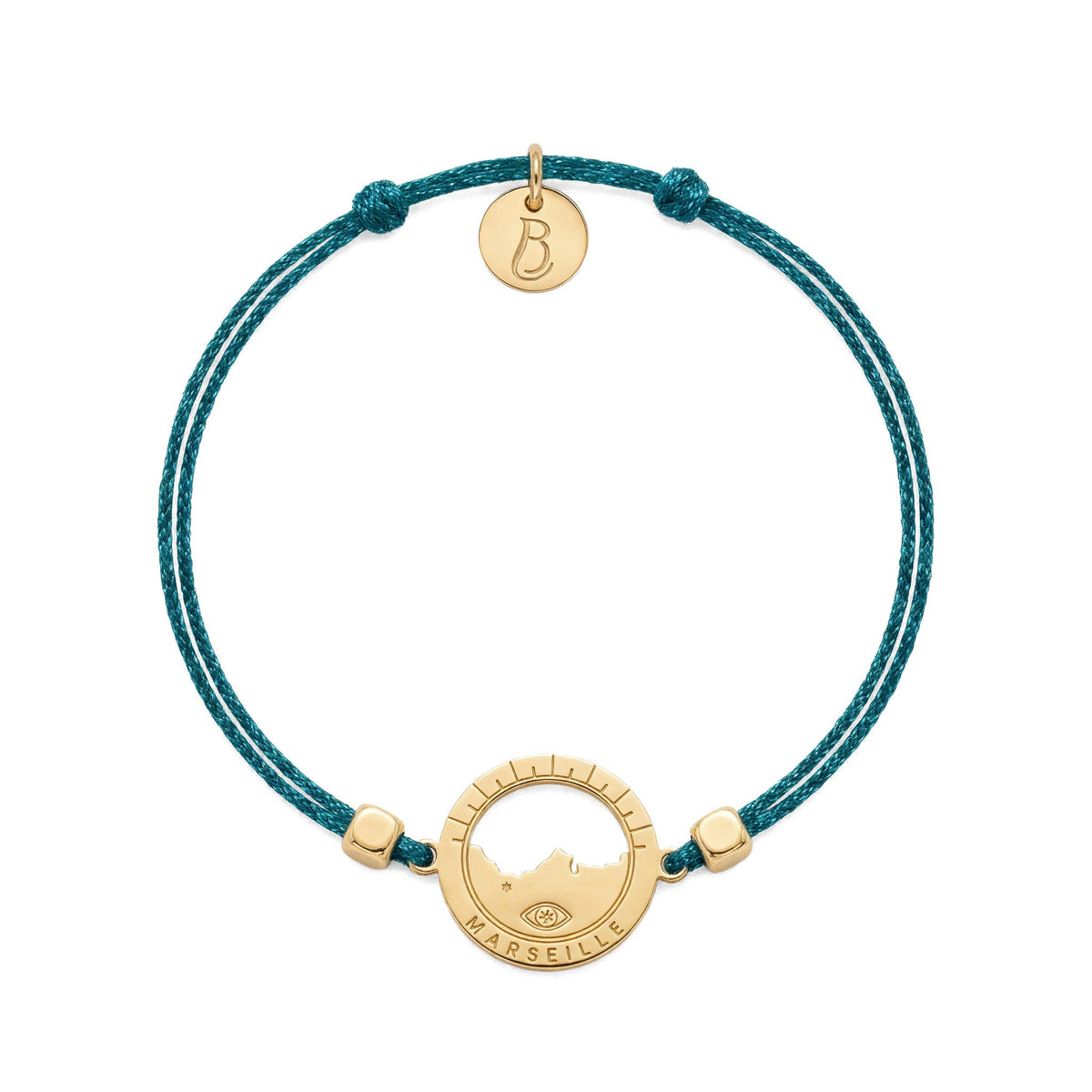 bracelet Les Catalans cordon soie glitter turquoise — médaille Marseille ajourée, bijou doré à l'or fin Ligne Bleue