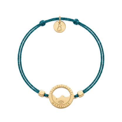 bracelet Les Catalans cordon soie glitter turquoise — médaille Marseille ajourée, bijou doré à l'or fin Ligne Bleue