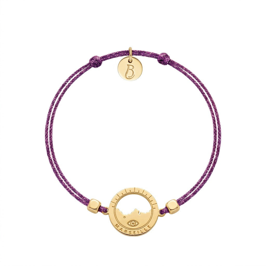 bracelet Les Catalans cordon soie glitter violet — médaille Marseille ajourée, bijou doré à l'or fin Ligne Bleue