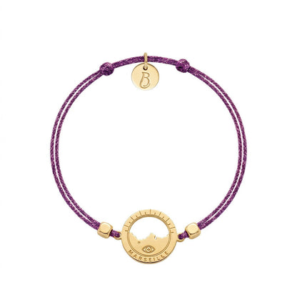 bracelet Les Catalans cordon soie glitter violet — médaille Marseille ajourée, bijou doré à l'or fin Ligne Bleue