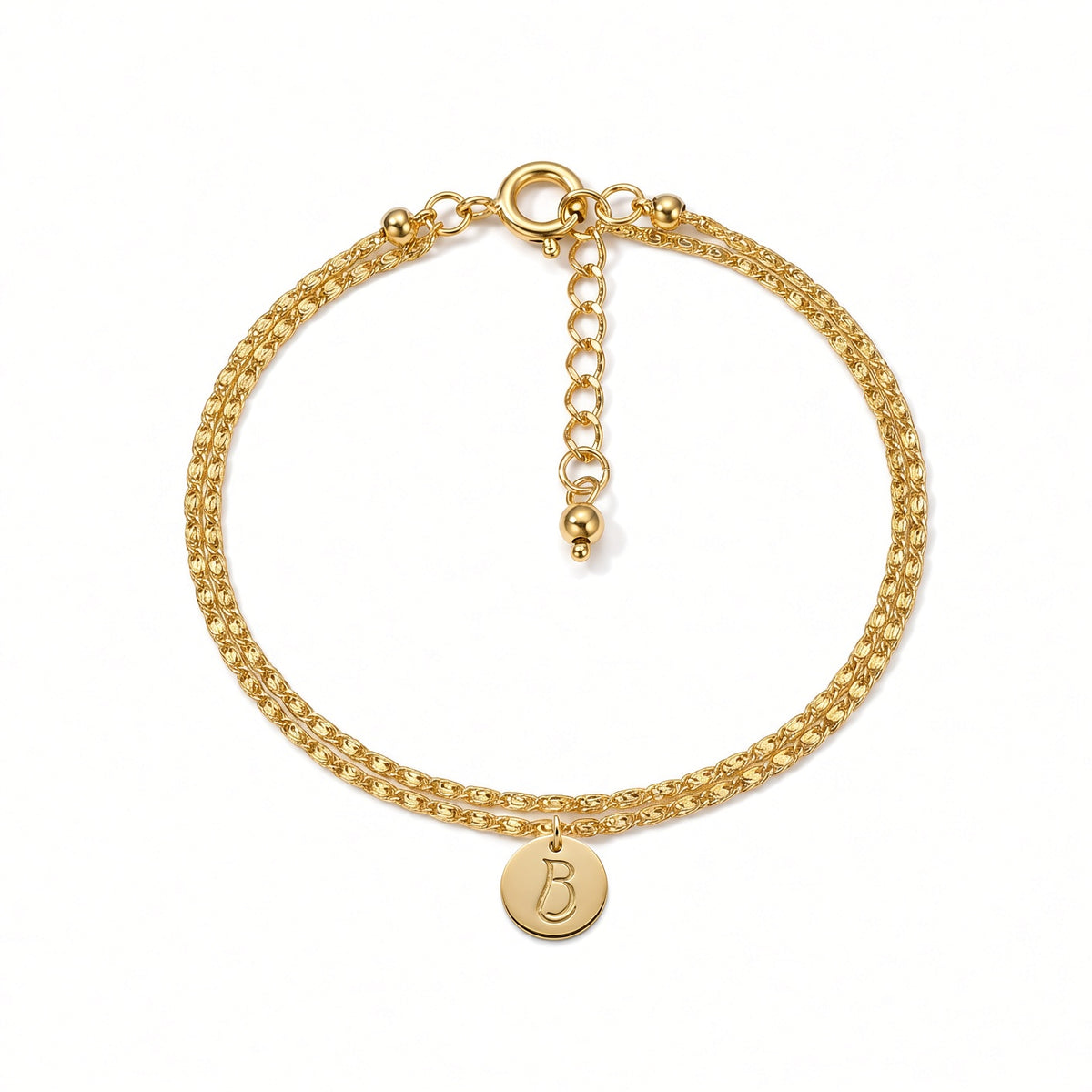 Bracelet Endoume doré à l'or fin 18 carats, maille dentelle double rang et médaillon au monogramme LB gravé recto-verso — Ligne Bleue, Marseille