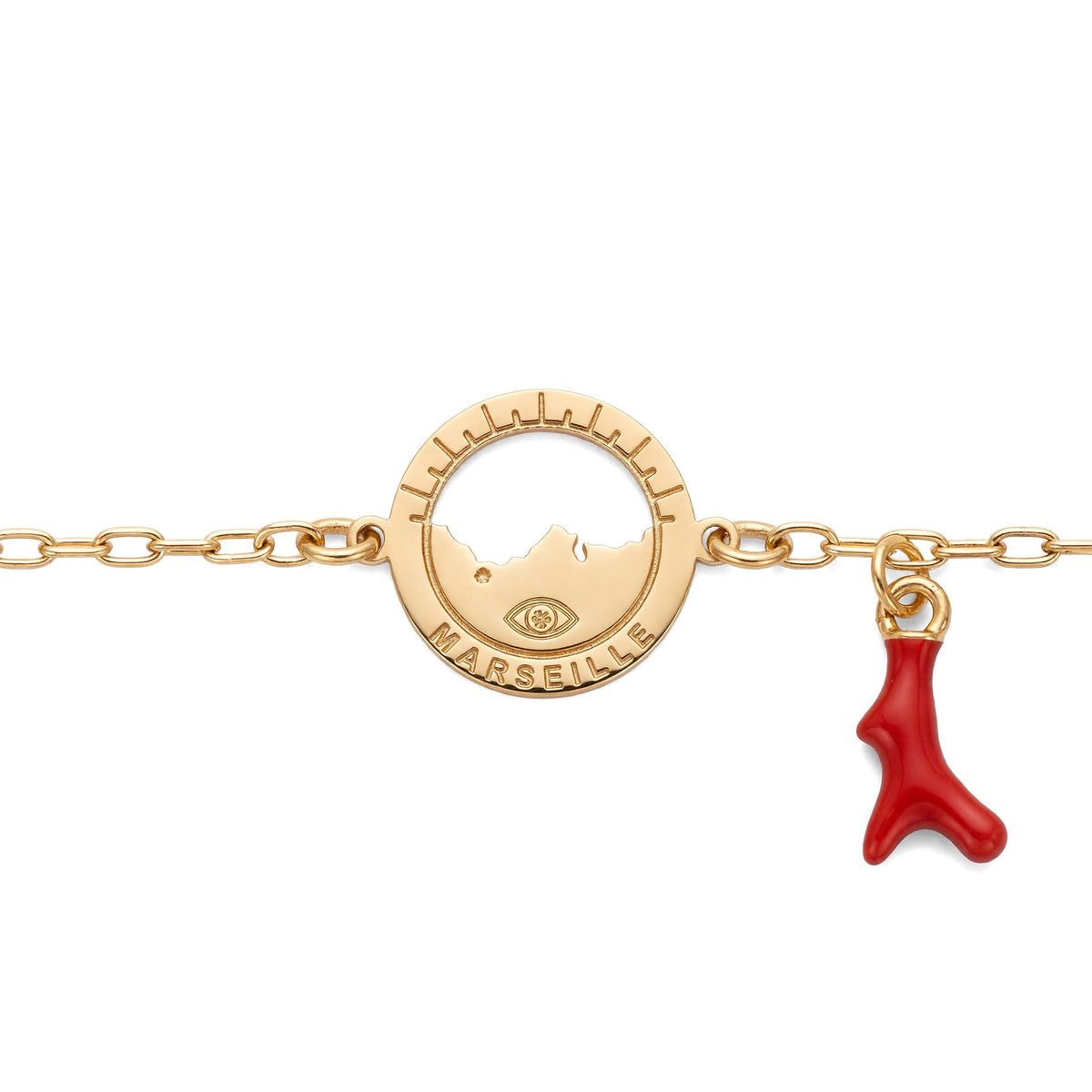 bracelet Frioul inspiration corail, vue rapprochée — médaille Marseille ajourée, Ligne Bleue