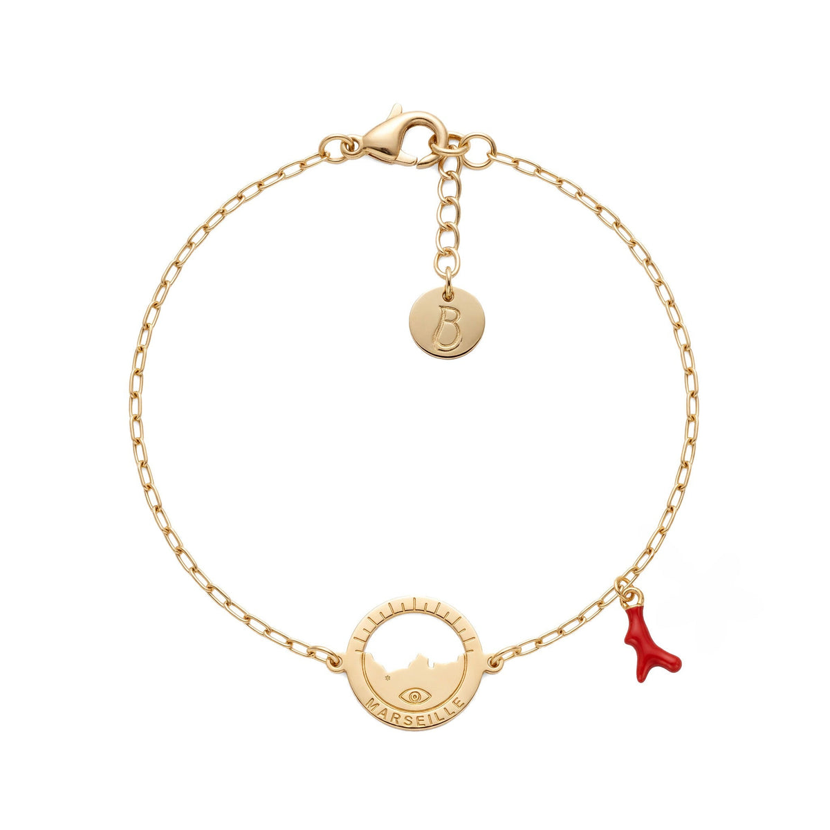 bracelet Frioul pampille inspiration corail en résine — médaille Marseille ajourée, bijou doré à l'or fin Ligne Bleue