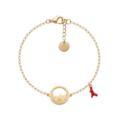 bracelet Frioul pampille inspiration corail en résine — médaille Marseille ajourée, bijou doré à l'or fin Ligne Bleue