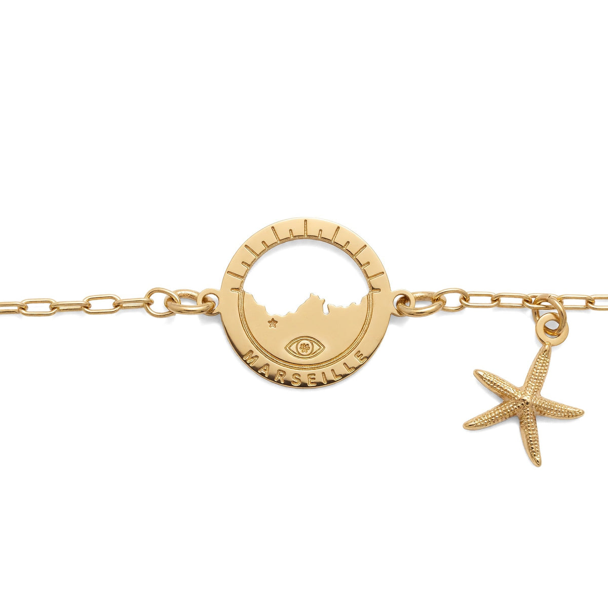 bracelet Frioul étoile de mer, vue rapprochée — médaille Marseille ajourée, Ligne Bleue
