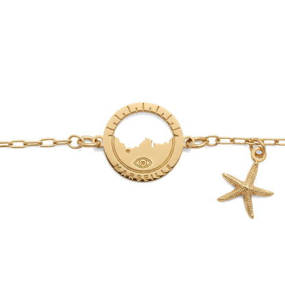 bracelet Frioul étoile de mer, vue rapprochée — médaille Marseille ajourée, Ligne Bleue