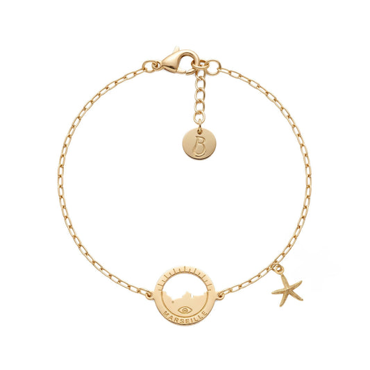 bracelet Frioul doré pampille étoile de mer — médaille Marseille ajourée, chaîne dorée à l'or fin, Ligne Bleue Marseille