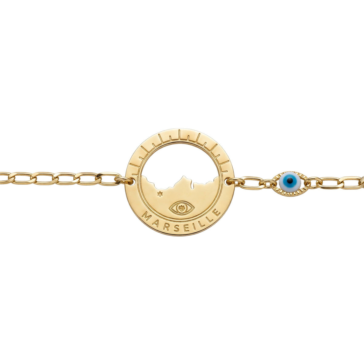 bracelet Morgiou œil blanc, vue rapprochée — médaille Marseille ajourée, Ligne Bleue