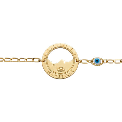 bracelet Morgiou œil blanc, vue rapprochée — médaille Marseille ajourée, Ligne Bleue