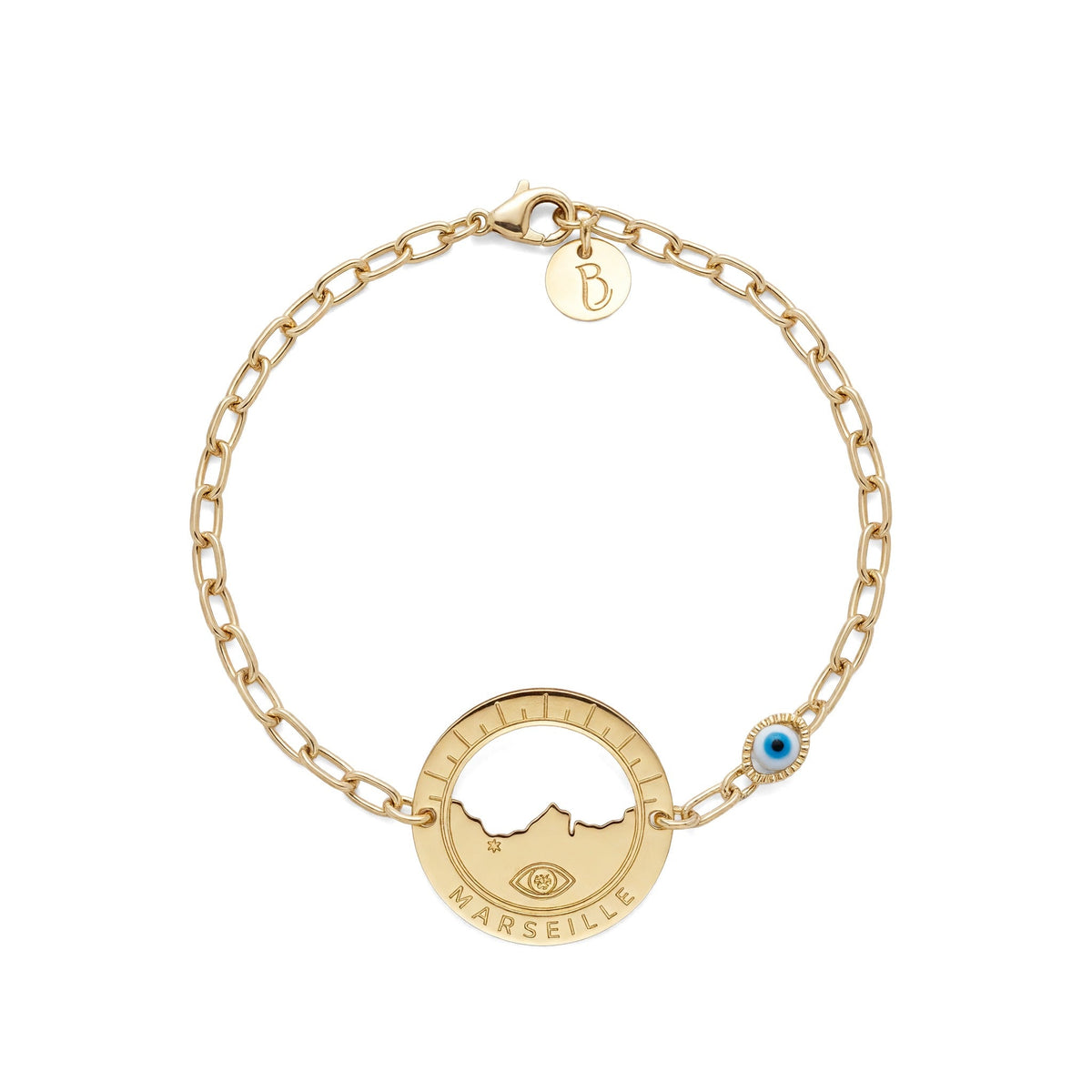 bracelet Morgiou œil blanc — médaille Marseille ajourée, bijou doré à l'or fin Ligne Bleue, fabriqué à Marseille