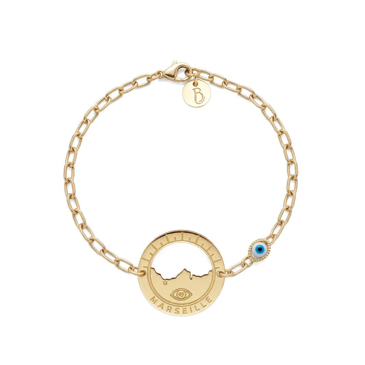 bracelet Morgiou œil blanc — médaille Marseille ajourée, bijou doré à l'or fin Ligne Bleue, fabriqué à Marseille