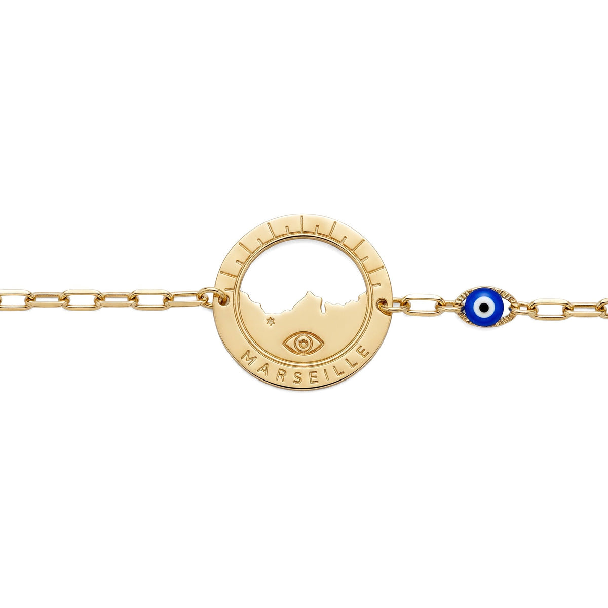 bracelet Morgiou œil marine, vue rapprochée — médaille Marseille ajourée, Ligne Bleue
