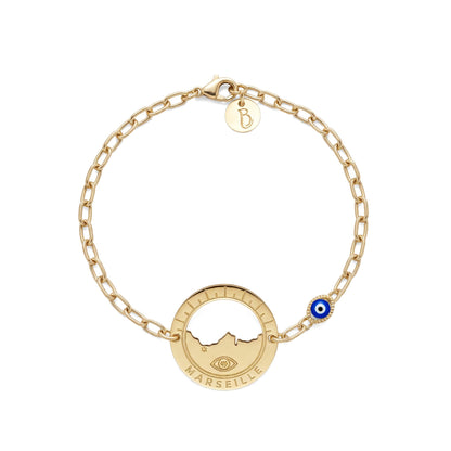bracelet Morgiou œil marine — médaille Marseille ajourée, bijou doré à l'or fin Ligne Bleue, fabriqué à Marseille