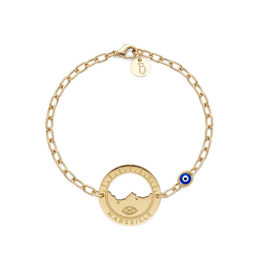 bracelet Morgiou œil marine — médaille Marseille ajourée, bijou doré à l'or fin Ligne Bleue, fabriqué à Marseille