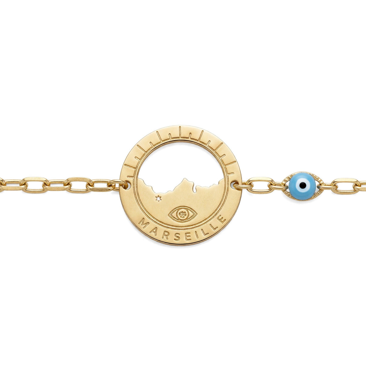 bracelet Morgiou œil turquoise, vue rapprochée — médaille Marseille ajourée, Ligne Bleue