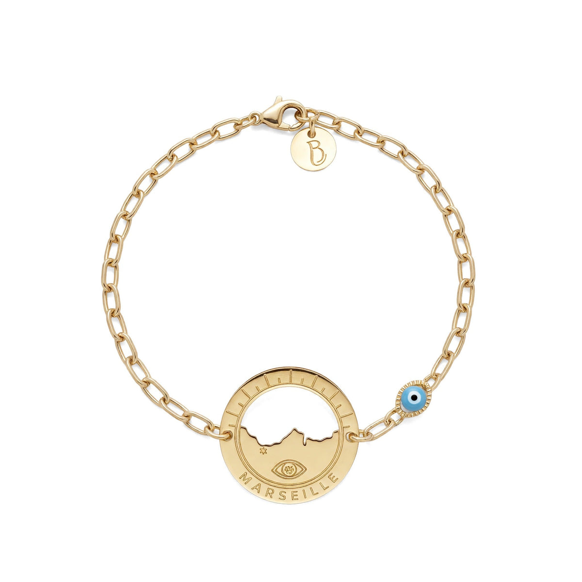 bracelet Morgiou œil turquoise — médaille Marseille ajourée, bijou doré à l'or fin Ligne Bleue, fabriqué à Marseille
