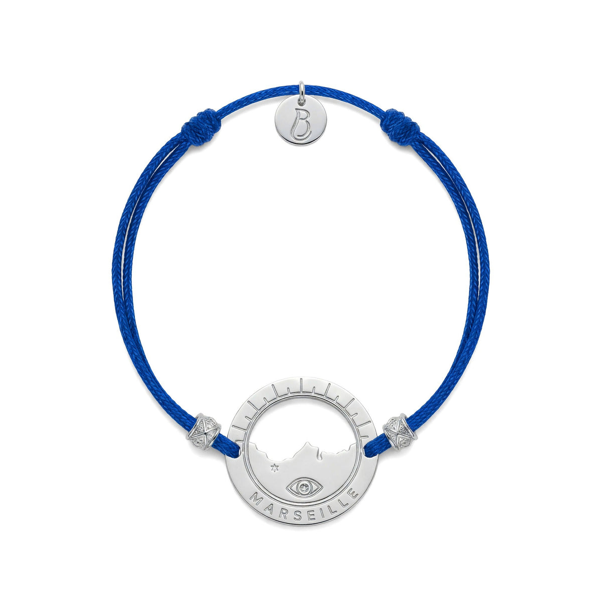 bracelet Pointe Rouge cordon argenté bleu Klein — médaille Marseille ajourée, bijou plaqué argent Ligne Bleue