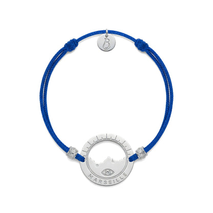 bracelet Pointe Rouge cordon argenté bleu Klein — médaille Marseille ajourée, bijou plaqué argent Ligne Bleue