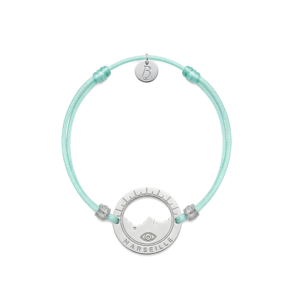bracelet Pointe Rouge cordon argenté bleu lagon — médaille Marseille ajourée, bijou plaqué argent Ligne Bleue
