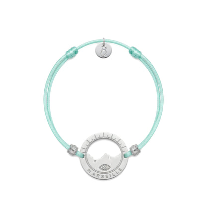 bracelet Pointe Rouge cordon argenté bleu lagon — médaille Marseille ajourée, bijou plaqué argent Ligne Bleue