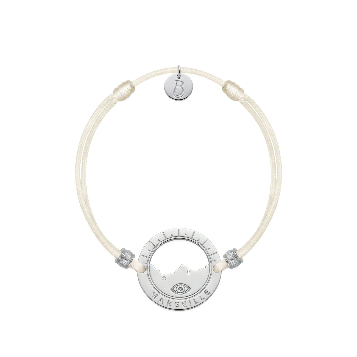 bracelet Pointe Rouge cordon argenté écru — médaille Marseille ajourée, bijou plaqué argent Ligne Bleue