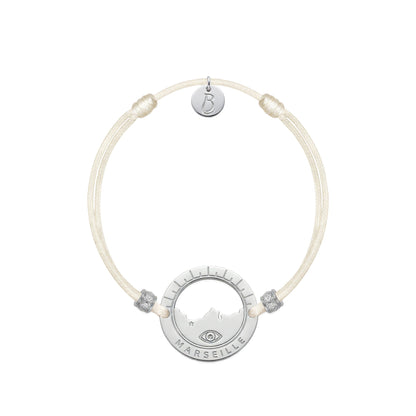 bracelet Pointe Rouge cordon argenté écru — médaille Marseille ajourée, bijou plaqué argent Ligne Bleue