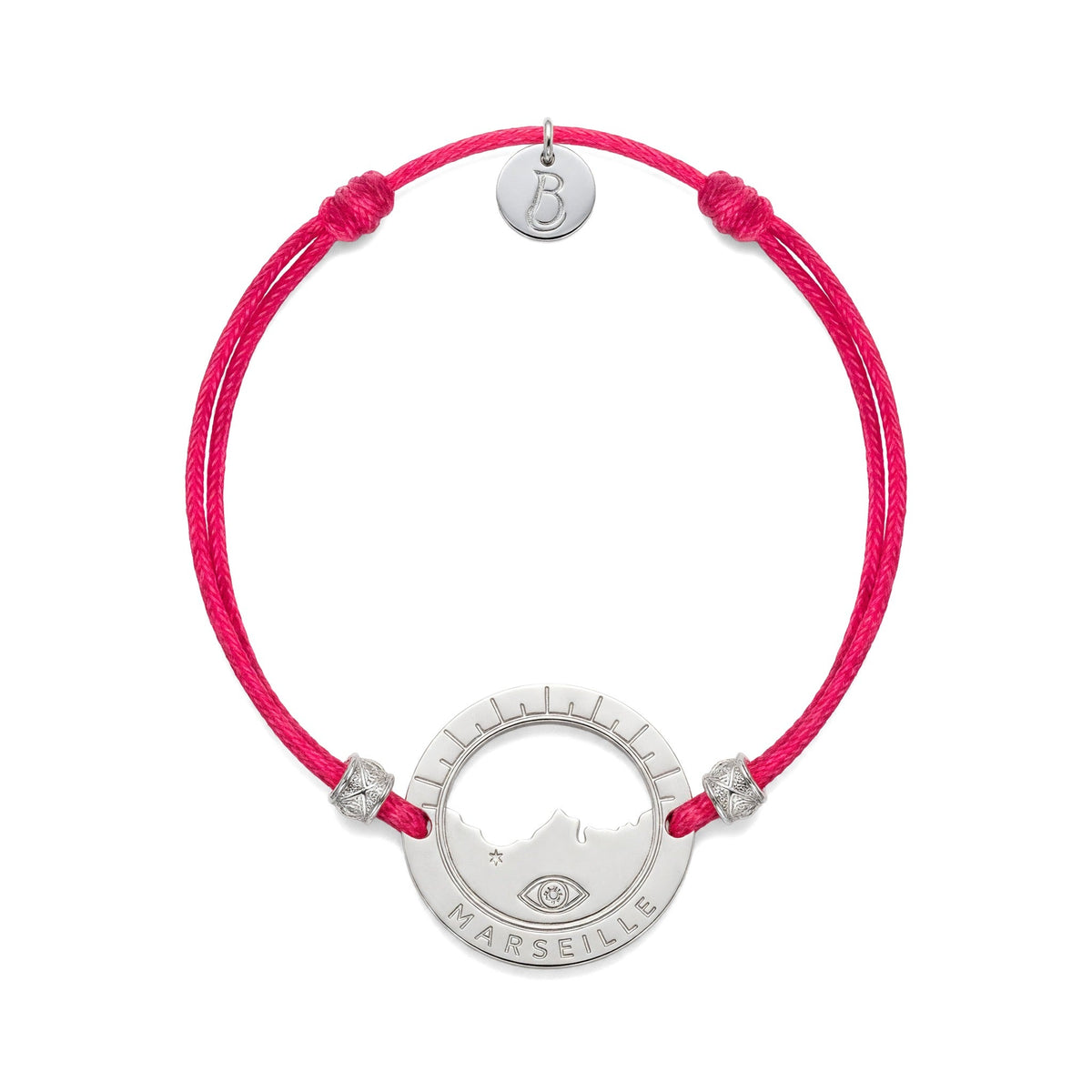 bracelet Pointe Rouge cordon argenté fuchsia — médaille Marseille ajourée, bijou plaqué argent Ligne Bleue