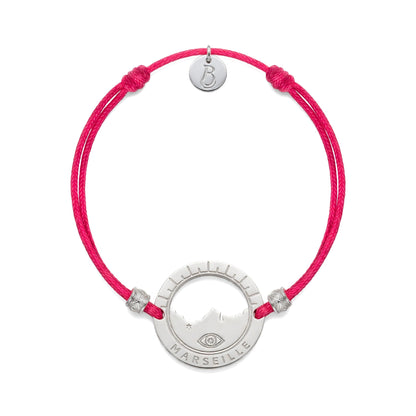 bracelet Pointe Rouge cordon argenté fuchsia — médaille Marseille ajourée, bijou plaqué argent Ligne Bleue